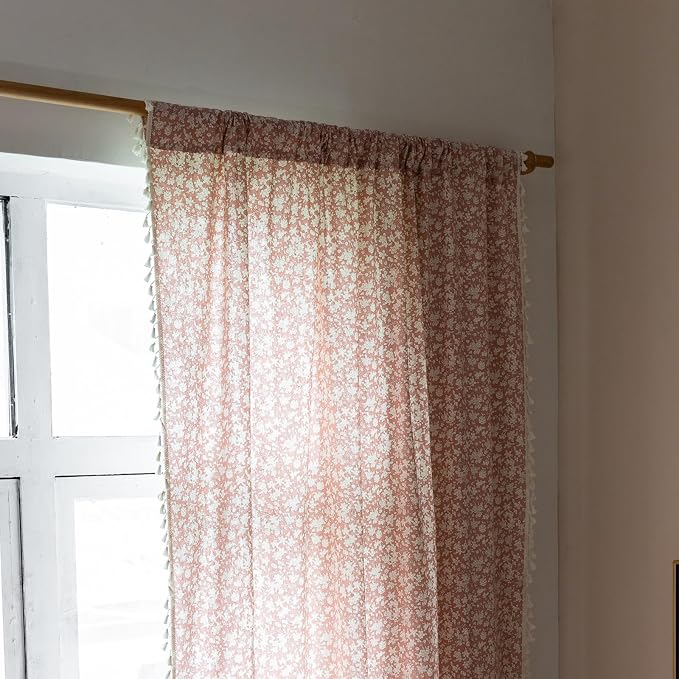 ENJOYBRIDAL White Floral Curtains 63 Inches Long 2 Panels Set Living Room Pink - Image 2