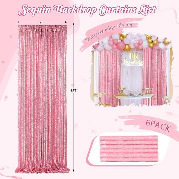 Backdrop Curtains Blush Pink Glitter Sequin Photo Curtain 6 Panels 2ftx8ft | - Image 4