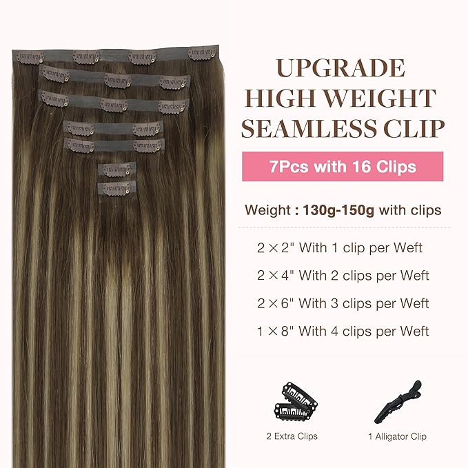 GOO GOO Clip in Hair Extensions Real Human Hair, Remy Human Hair Extensions Clip ins for Women, Natural Human Hair, 22inch 150g 7Pcs, 4/26/4 Balayage Chocolate Brown to Honey Blonde