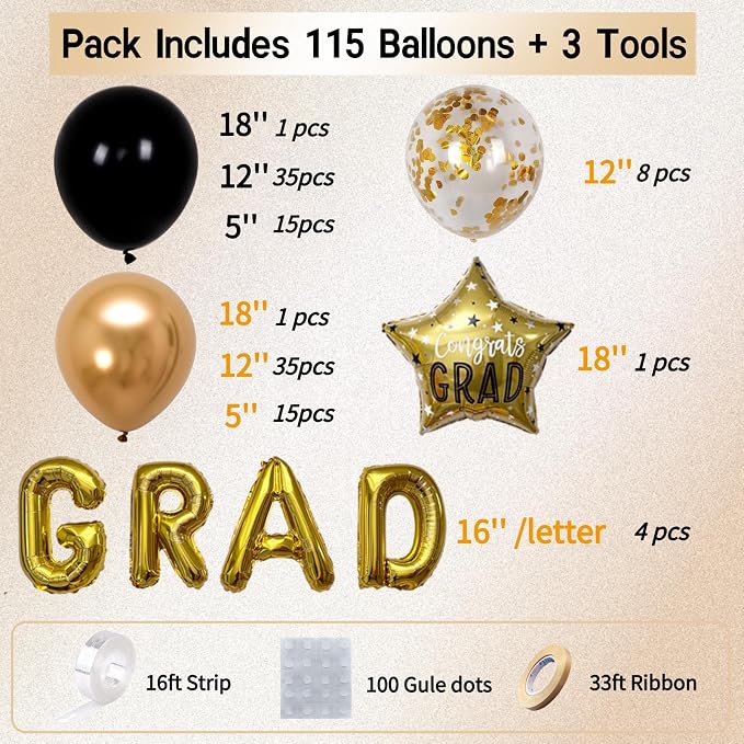Black and Gold Graduation Balloon Arch Kit, 1 Congrats Star, 8 Gold Confetti - Image 3