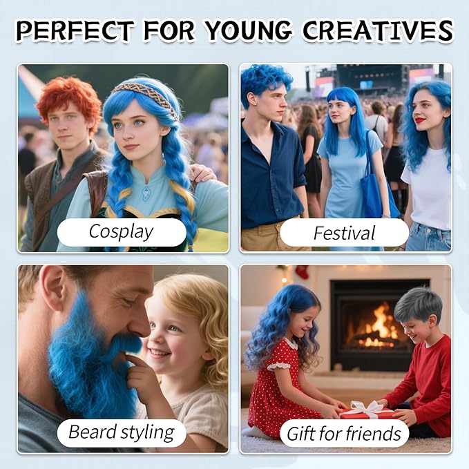 Byhoo Blue Temporary Hair Dye for Kids, Cream Formula, 6 Combs, Washable Hair Color for Dark & Light Hair for Girls Party Halloween Cosplay