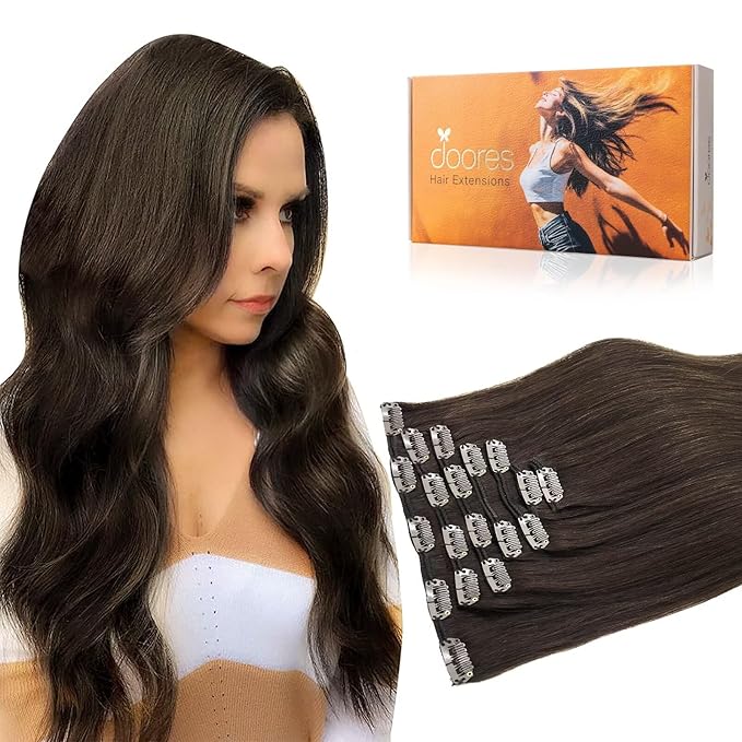 DOORES Clip in Hair Extensions Human Hair, Light Dark Brown 14 Inch 100g 7pcs, Real Human Hair Extensions Clip in Natural Straight Remy Weft