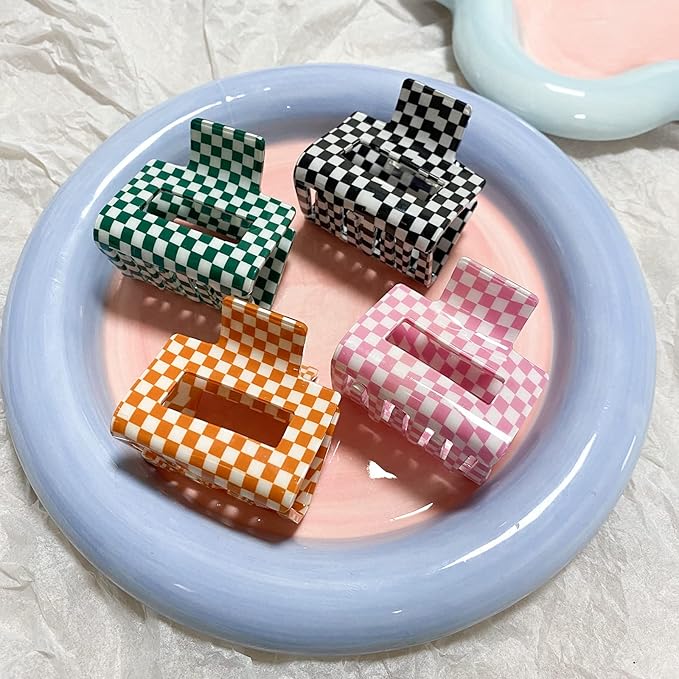 Checkered Hair Claw Clips - 4 PCS, 2 for Thin Hair, 2 for Thick Hair, Cute Clips for Women