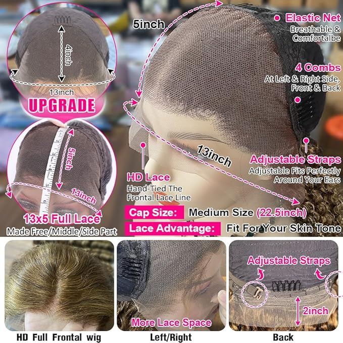 CYNOSURE 13x5 Honey Blonde Curly Wigs Human Hair 180% Density Highlight Ombre Deep Wave Curly 4/27 Colored HD Transparent Lace Front wig Human Hair Pre Plucked with Baby Hair 28 Inch