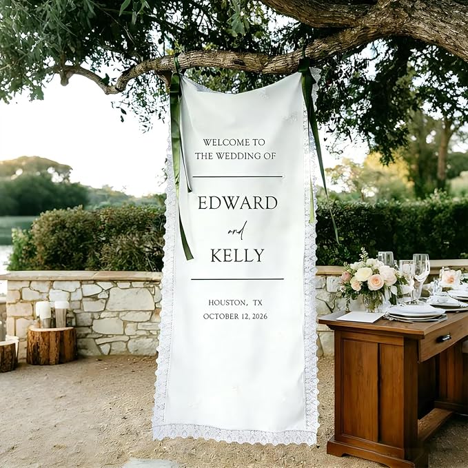 Custom Wedding Welcome Sign Fabric Linen Banner - Image 2