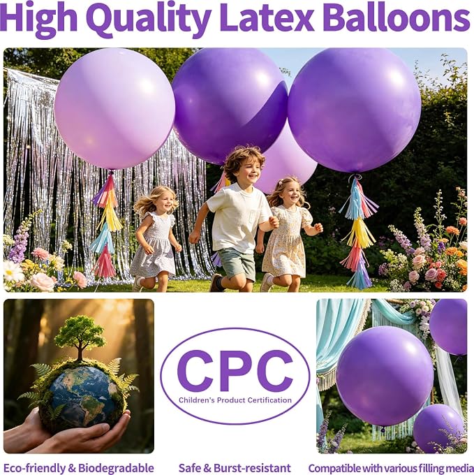 5Pcs Purple Big Balloons 36 Inch, Round Large Latex Party Balloons - Image 3