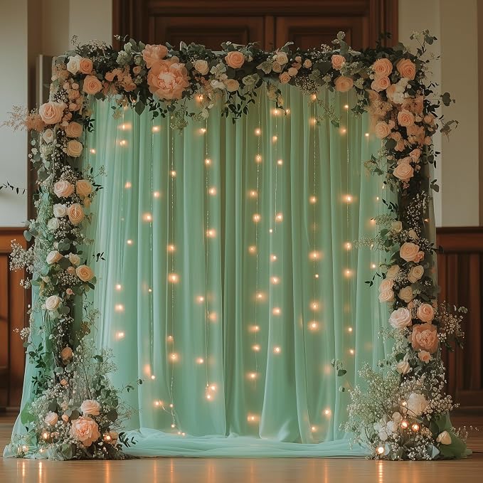 Tulle Backdrop Curtain with Lights Green Sheer Curtains Backdrop 10x10ft | by Fomcet