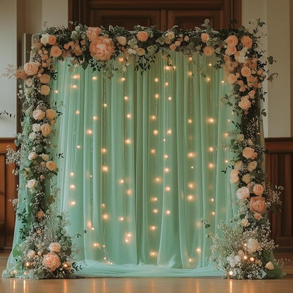 Tulle Backdrop Curtain with Lights Green Sheer Curtains Backdrop 10x10ft | by Fomcet