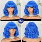 MISSQUEEN Short Dark Blue Wigs with Bangs for Women Synthetic Shoulder Length Wavy Bob Wig for Girl Colorful Costume Wigs (Blue)