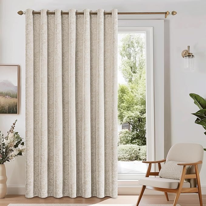 Beauoop Beige Floral Jacquard Blackout Sliding Door Curtains 100x84 1 Set | by Beauoop