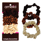 Amelia Beauty, Earth Tones Satin Small Scrunchies, 12-Pack – No Damage Hair Ties for Women, Gentle & Durable Hair Accessories, 2.5in x 0.5in