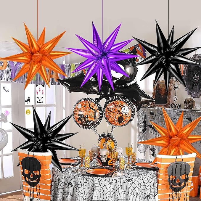 Purple and Black Orange Star Balloons, Metallic Cone Mylar Spike Balloons - Image 7