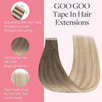 GOO GOO Tape in Hair Extensions Human Hair, 9/18J/60 Chocolate Brown to Champagne Blonde Balayage, 16inch 50g 20pcs, Skin Weft Seamless Invisible, Silky Straight with Thick Ends, Remy Human Hair
