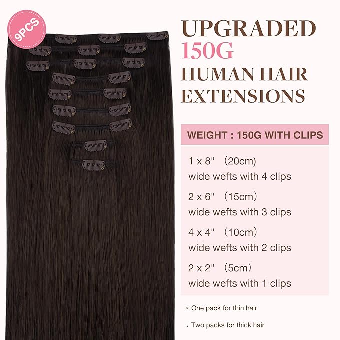 GOO GOO Clip in Hair Extensions Real Human Hair, Remy Human Hair Extensions Clip ins for Women, Natural Human Hair, 24inch 150g 9Pcs, #2A Light Brown