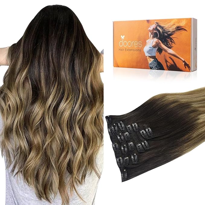 DOORES Human Hair Clip in Extensions, Dark Brown Fading to Light Brown and Ash Blonde 12 Inch 80g 7pcs, Clip in Hair Extensions Human Hair Silky Straight Natural Hair Extensions