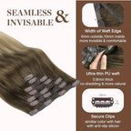 GOO GOO Clip in Hair Extensions Real Human Hair, Remy Human Hair Extensions Clip ins for Women, Natural Human Hair, 16inch 130g 7Pcs, 3/8/613 Balayage Walnut Brown to Ash Brown and Bleach Blonde