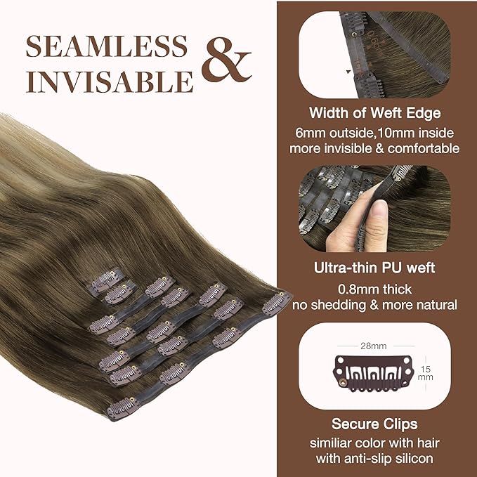 GOO GOO Clip in Hair Extensions Real Human Hair, Remy Human Hair Extensions Clip ins for Women, Natural Human Hair, 16inch 130g 7Pcs, 3/8/613 Balayage Walnut Brown to Ash Brown and Bleach Blonde