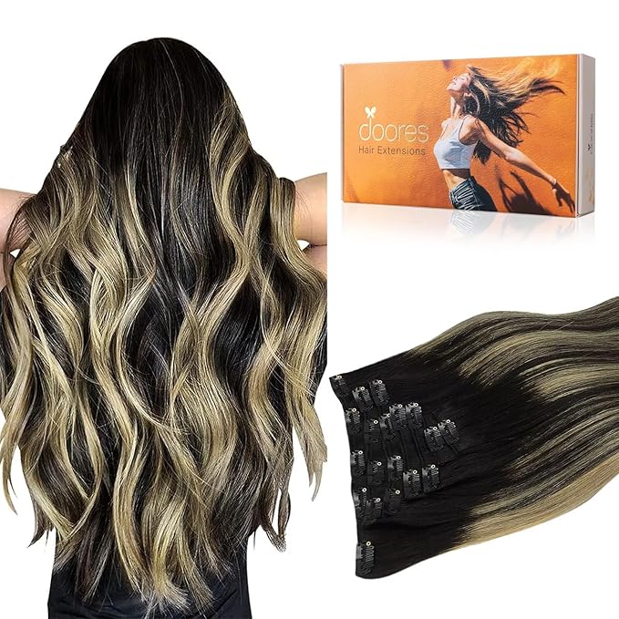 DOORES Human Hair Extensions Clip in Hair Extensions Balayage Natural Black to Light Blonde 20 Inch 120g 7pcs Real Hair Extensions Straight