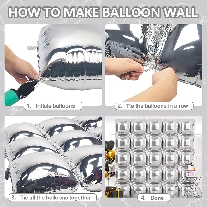 NISOCY 25PCS Metallic Silver Square Foil Balloons Wall Backdrop | Double Sided - Image 4