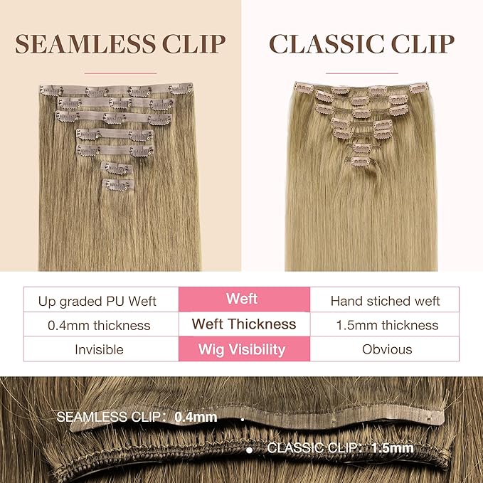GOO GOO Clip in Hair Extensions Real Human Hair, Remy Human Hair Extensions Clip ins for Women, Natural Human Hair, 22inch 150g 7Pcs, 7 Bronde