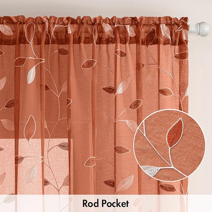 MIULEE Burnt Orange Sheer Fall Curtains 2 Panels Leaf Patterned, W52 x L54 | - Image 6