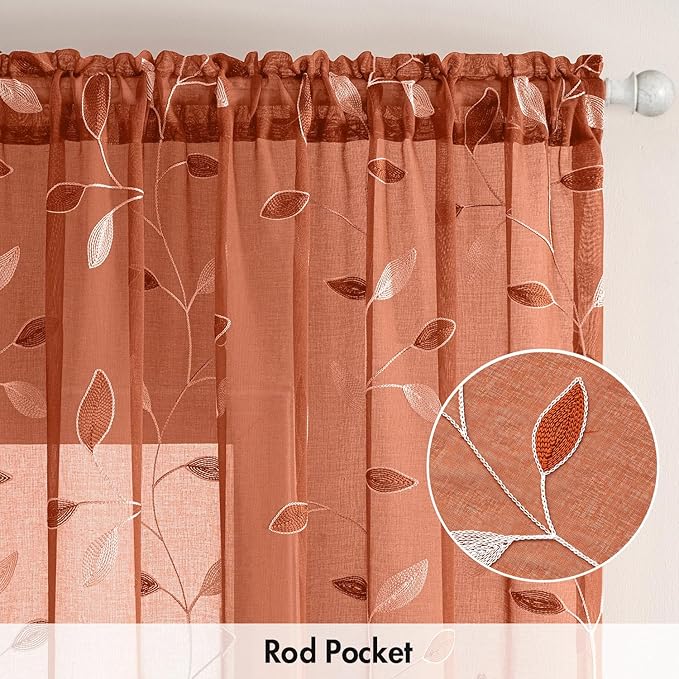 MIULEE Burnt Orange Sheer Fall Curtains 2 Panels Leaf Patterned, W52 x L96 | - Image 6
