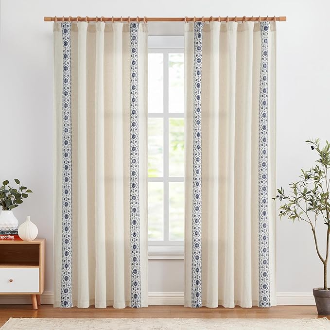 jinchan Floral Linen Curtains Embroidered Back Tab 50x84in 2 Panels Blue | - Image 3