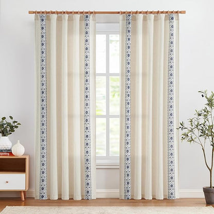 jinchan Floral Linen Curtains Embroidered Back Tab 50x84in 2 Panels Blue | - Image 3