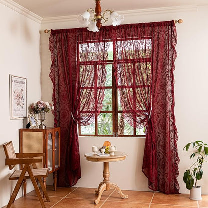 Deeprove Boho Lace Sheer Burgundy Curtains - Image 8