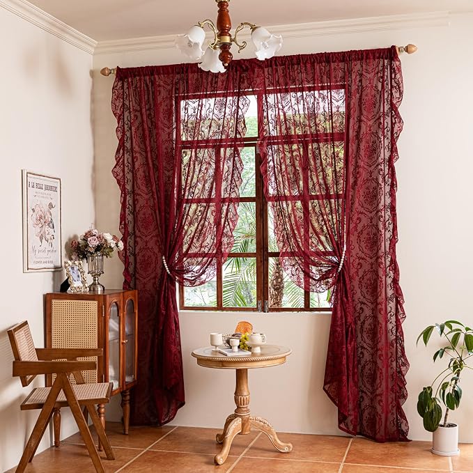 Deeprove Lace Sheer Burgundy Curtains - Image 8