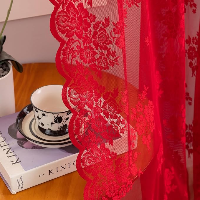 Kotile Red Lace Curtains for Living Room Rustic Floral 52x84 Inch, 2 Panels | - Image 5
