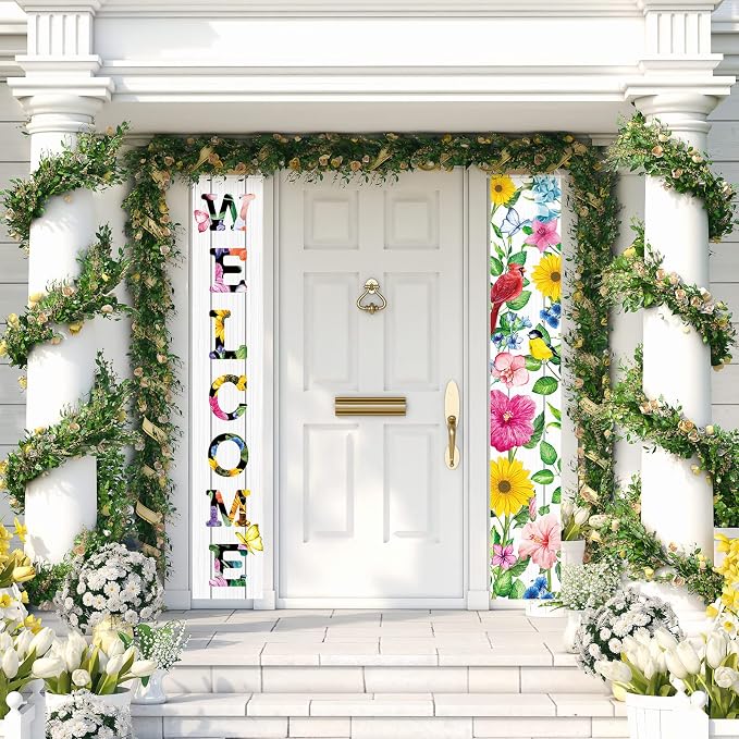 Frienda 2 Pcs Spring Welcome Floral Porch Banners 72"x12" Summer Flower Hanging - Image 6