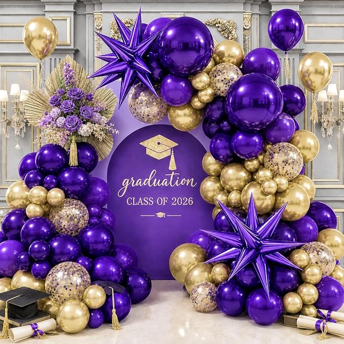 Purple and Gold Balloons Arch Kit, Dark Purple Gold Balloons Garland by Jobkoo