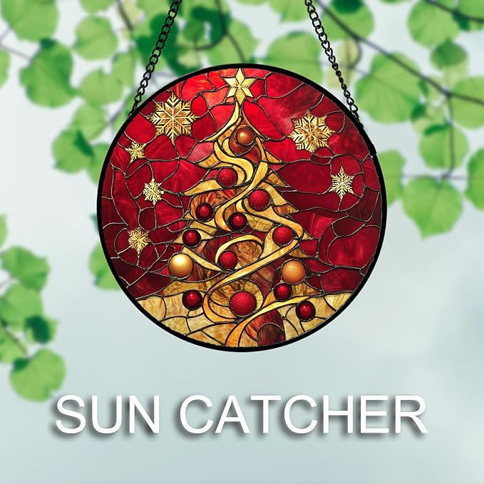 DASTOLL Stained Glass Window Hanging 4 Pcs Set Red Christmas Elk Snowflakes - Image 5