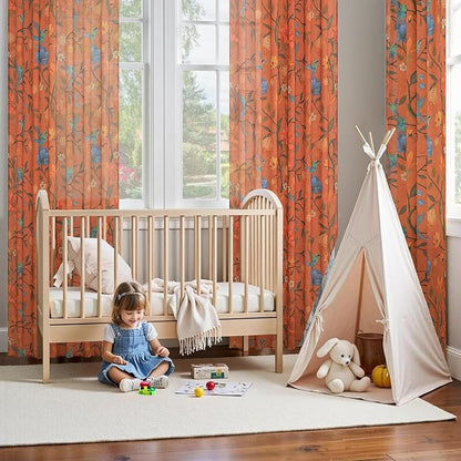 Terracotta Floral Linen Curtains, Boho Whimsical Bird Print Curtains - Image 9