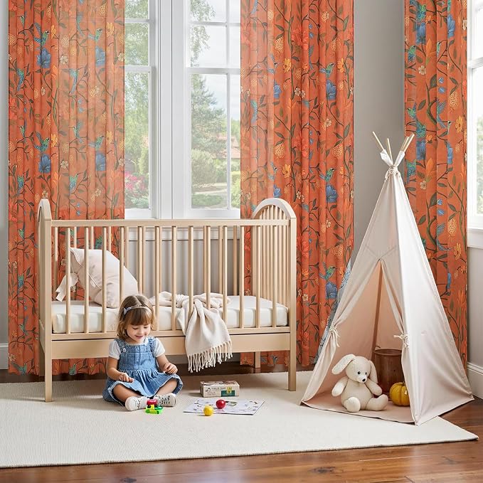 Orange Floral Linen Curtains, Boho Whimsical Bird Print Curtains - Image 9