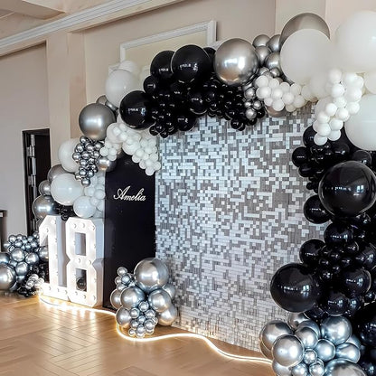 Black Silver Balloon Arch Kit 138Pcs Black White Metallic Silver Confetti Disco - Image 8