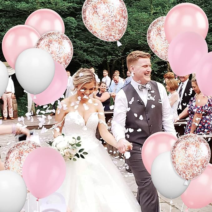 Pink White Balloons, 12 Inch Metallic Pink Latex Balloons Rose Gold Confetti - Image 7
