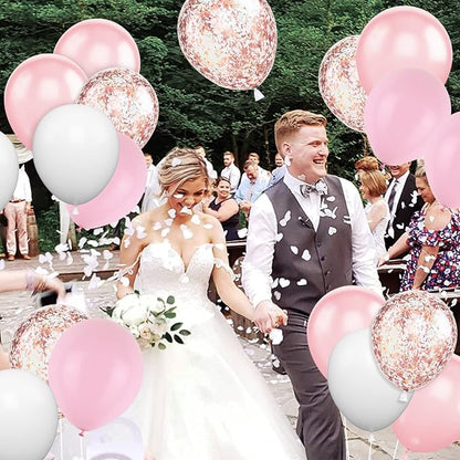 Pink White Balloons, 12 Inch Metallic Pink Latex Balloons Rose Gold Confetti - Image 7