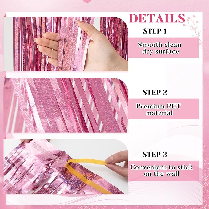 4 Pcs Iridescent Pink 15ft Metallic Foil Ceiling Fringe Curtains, Party Decor - Image 4