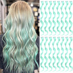 16 Pcs Mint Green Hair Extensions Curly Wavy Clip in Synthetic Hair Extensions,Colorful Party Highlights Hairpiece Streak for Girls Women Kids Cosplay Party Christmas Gift(Light Green)