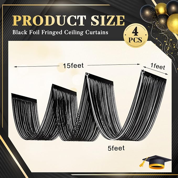 4 Pcs 15ft Black Metallic Foil Ceiling Fringe Curtains, Party Decor Fringe - Image 2