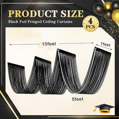 4 Pcs 15ft Black Metallic Foil Ceiling Fringe Curtains, Party Decor Fringe - Image 2