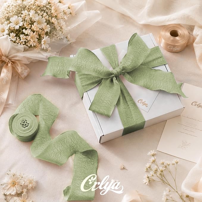 Green Ruffle Ribbon, 1-1/2 Inch x 10 Yards Chiffon Silk Ribbons | Crinkle ribbon - Image 2