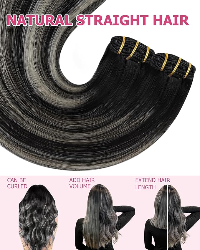 YoungSee 150G Clip in Human Hair Extensions Black Ombre Clip in Extensions Natural Black and Silver Balayage Clip in Hair Extensions Real Human Hair Easy to Wear 20Inch 7Pcs