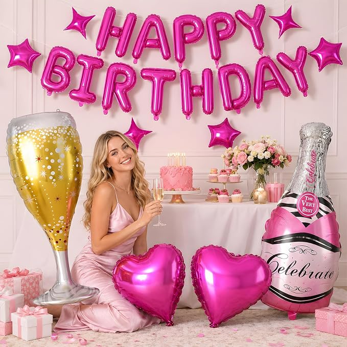 Hot Pink Happy Birthday Balloons Banner, Star Heart Balloons, Champagne Bottle - Image 4