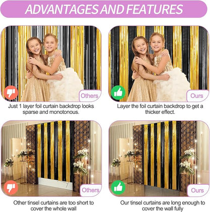 3 Pack 3.3 x 9.9 ft Black & Gold Tinsel Streamers Party Decorations | Foil - Image 3