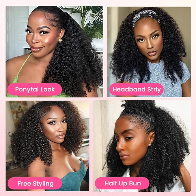WOWANGEL Kinky Curly Half Wig Human Hair 180% Density Flexi-Fit Invisi 3 in 1 Wigs Flip Drawstring Wig Glueless Wear and Go Headband Wig 100% Human Hair for Women, Natural Black, 24 Inch
