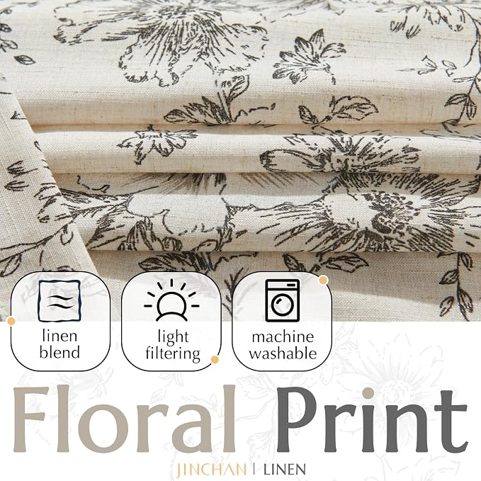 jinchan Black Floral Linen Curtains Lined 90 Inch Vintage Back Tab 2 Panels | - Image 2