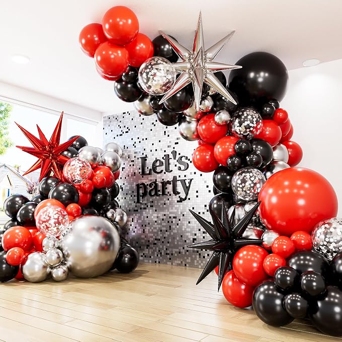 Red and Black Balloon Arch Garland Kit, Glitter Confetti Balloon, Star Balloons by Adeyoo